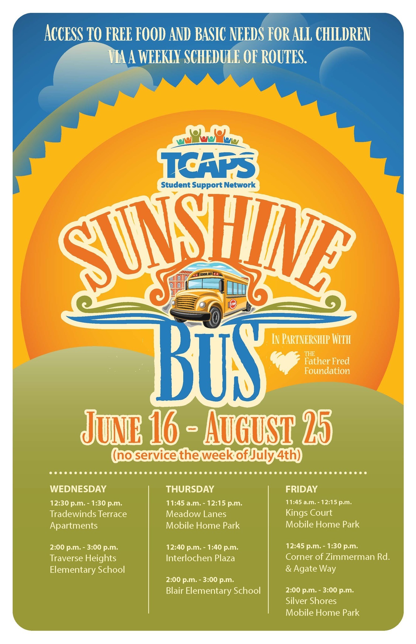 Poster for the TCAPS Sunshine Bus program, offering free food and basic needs for children. It outlines a weekly schedule from June 16 to August, with routes on Wednesdays, Thursdays, and Fridays."The Sunshine Bus poster, a TCAPS Student Support Network initiative, provides access to free food and basic needs for all children. It details a summer schedule of routes, operating Wednesdays, Thursdays, and Fridays through August, with no service the week of July 4th.
