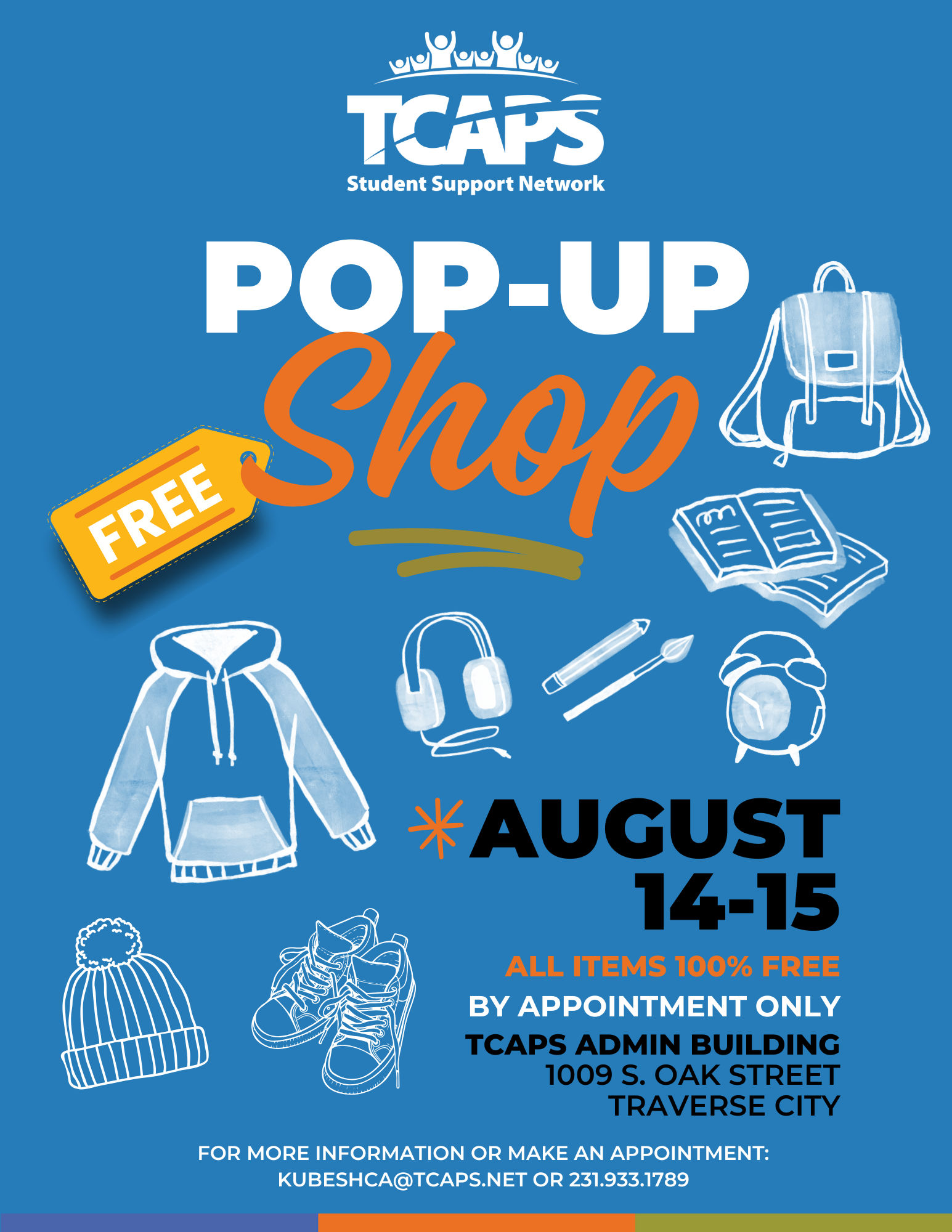 Flyer for the TCAPS Student Support Network Pop-Up Shop, offering free school supplies, clothing, and other items. The shop is available August 14-15 by appointment.